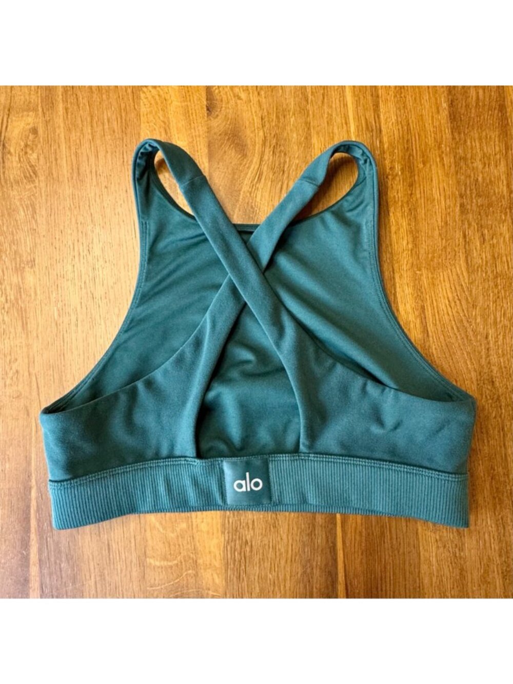 ALO YOGA Iconic 90s Bra Top Womens S Alosoft Teal Green Cross Back Sports Bra - Picture 2 of 7
